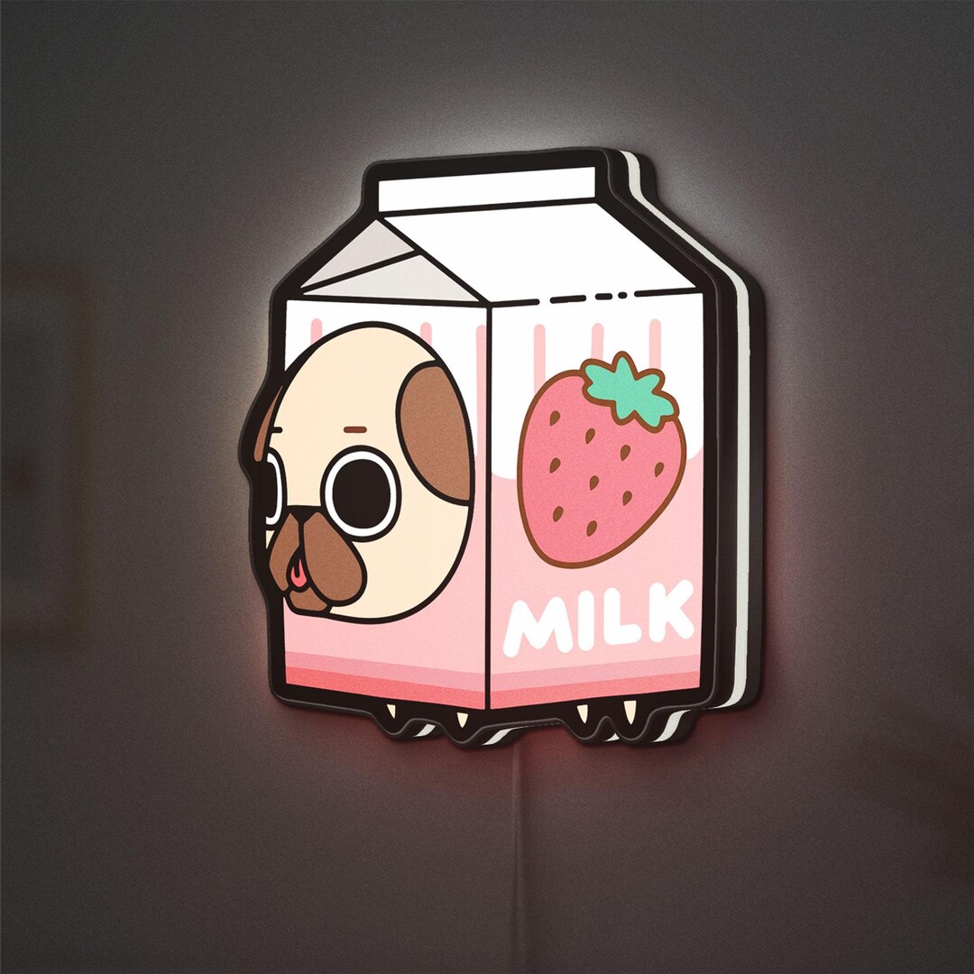 Puglie Pug Strawberry Milk LED Lightbox, Cute Pug Night Light, Kawaii ...