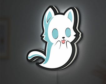 Cute Cat Ghost LED Lightbox, Halloween Night Light, Kawaii Desk Decor, Spooky Gift for Cat Lovers, Pet Memorial Gift