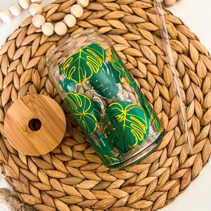 Monstera leaf Glass jar| monstera coffee glass|  beer glass jar| Iced Coffee Glass| monstera| glass cup