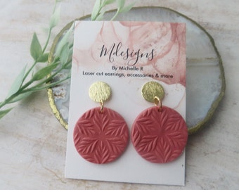 Handmade polymer clay earrings, round earrings, textured clay earrings, statement earrings, gold and clay earrings, lightweight earrings