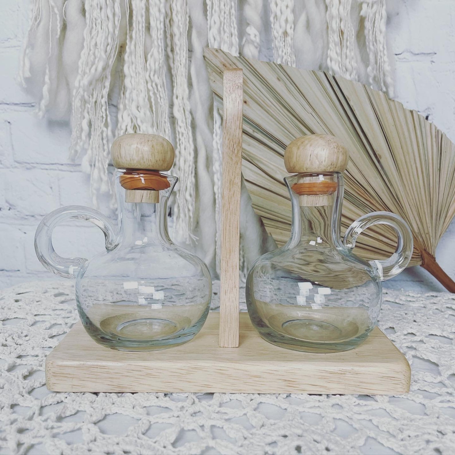 Vintage Oil and Vinegar Cruets With Wood Holder Etsy