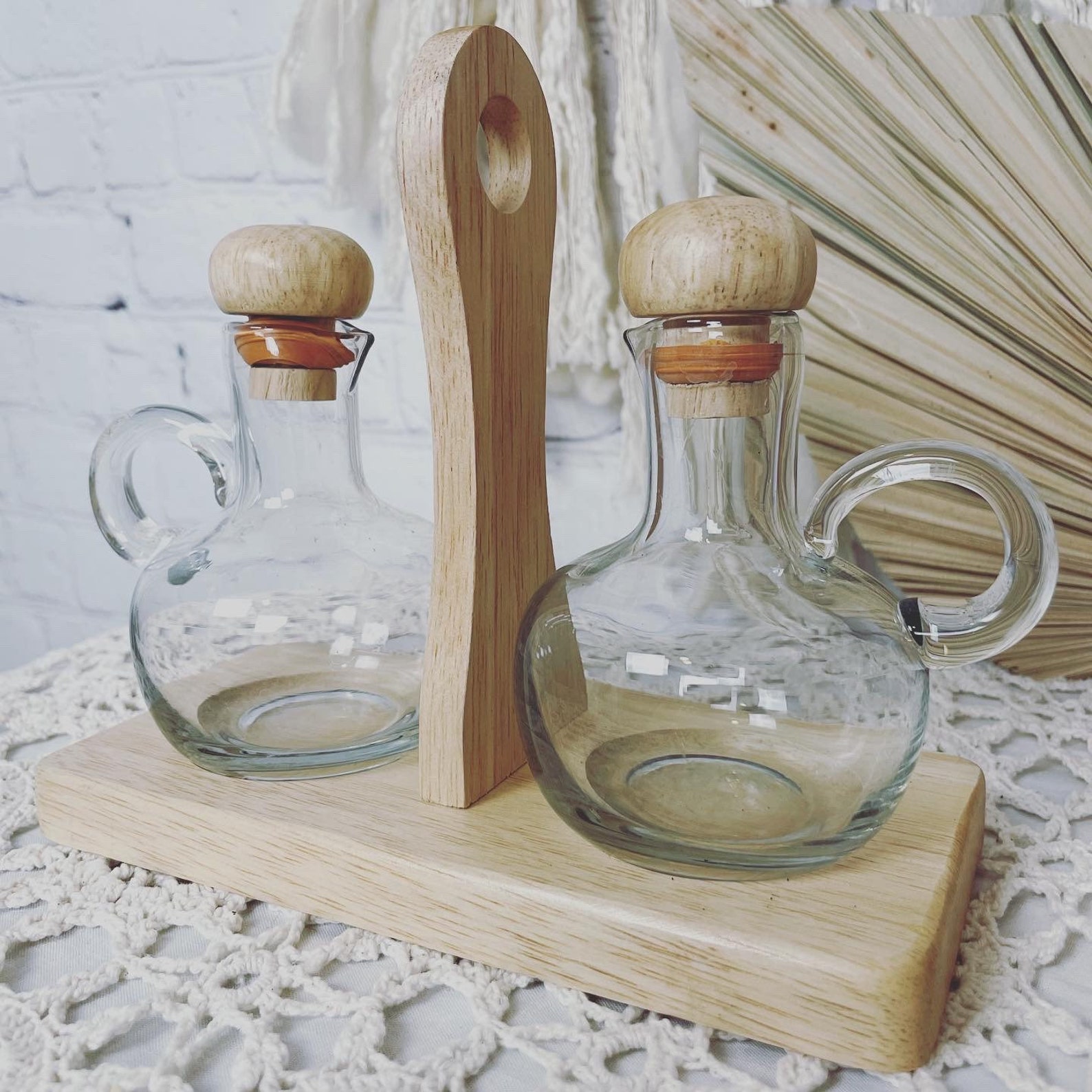 Vintage Oil and Vinegar Cruets With Wood Holder Etsy