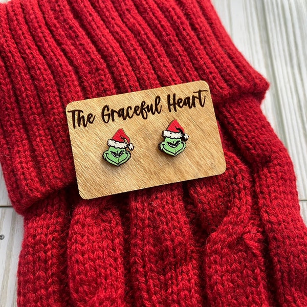 Grinch Earrings | Laser Engraved Holiday Earrings | Christmas Earrings | Grinch Stud Earrings