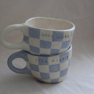 Blue and White Checkered, Good Morning Ceramic Mug, Handmade