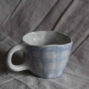 Handmade Blue Gingham Ceramic Mug, Stoneware