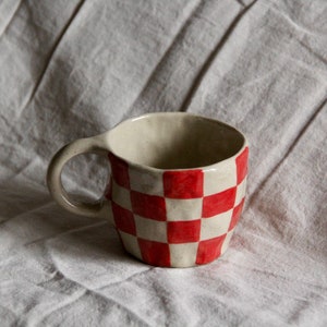 Handmade Red Checkered Ceramic Mug, Stoneware