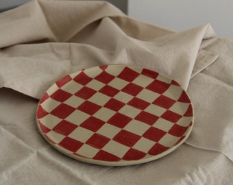 Red Checkered Handmade Ceramic Platter, Stoneware