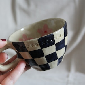 Handmade Black Checkered Mug with Pink Flowers, Stoneware, made to order
