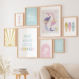 Surf Nursery Decor Set of 8 Prints, Girl Boho Beach Nursery, Boho Girls Room Decor, Surfer Kids Room, Playroom Wall Art Meet me at the beach