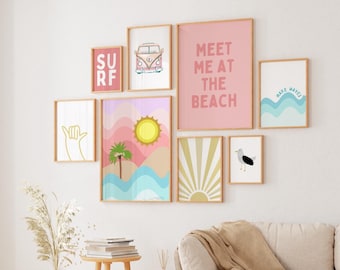 Set di stampe per decorazioni per cameretta dei bambini a tema surf: cameretta per bambine in stile boho-beach (download digitale)