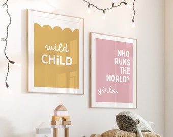 Wild Child Scallop wall art Print, Girl Nursery Decor, Kids Room, Neutral Play Room Wall Decor, Quote Kids Wall Art Who Runs the World Girls