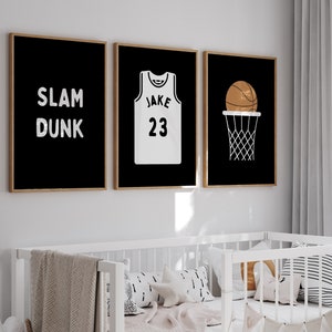 Personalized Name Basketball Modern Gallery Wall Set of 3 Downloadable Prints, Sport Boy Nursery Decor, Quote Play Wall Art, Printable B&W