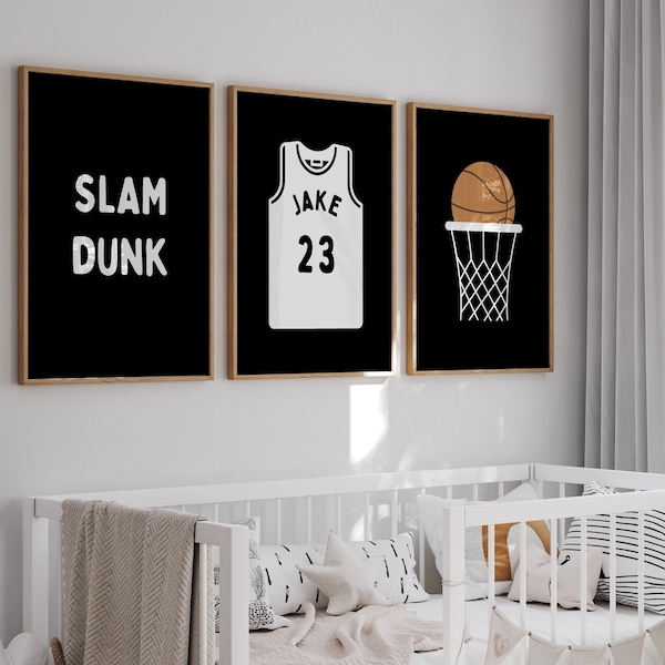 Personalized Name Basketball Modern Gallery Wall Set of 3 Downloadable Prints, Sport Boy Nursery Decor, Quote Play Wall Art, Printable B&W