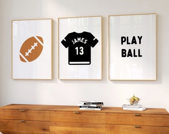 Personalized Name Football Modern Gallery Wall Set of 3 Downloadable Prints, Sport Boy Nursery Decor, Quote Play Wall Art, Printable B&W