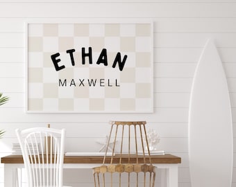 Personalized Name Sign Downloadable Print, Nursery Name Decor, Kids Room, Checkerboard Neutral Wall Decor, Kids Wall Art, Printable- Tan