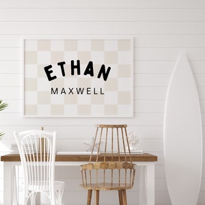 Personalized Name Sign Downloadable Print, Nursery Name Decor, Kids Room, Checkerboard Neutral Wall Decor, Kids Wall Art, Printable- Tan