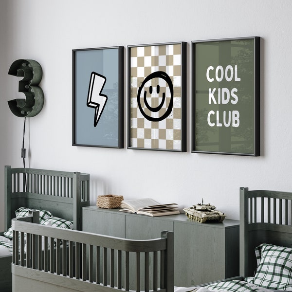 Brothers Cool Kids Club Gallery Wall Set of 3 Prints, Retro Smile Face, Brothers Bedroom Decor, Shared Boho Kids Room, Quote Play Wall Art