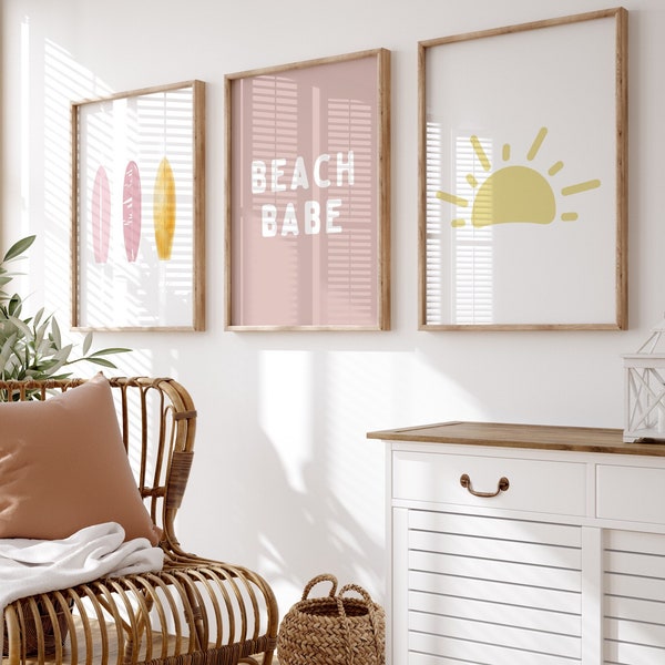 Surf Nursery Decor Set of 3 Prints, Girl Boho Beach Nursery, Boho Girls Room Decor, Surfer Kids Room, Playroom Wall Art, Little Beach Babe