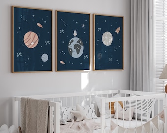 Space Nursery Prints Set: Rocket, Moon, Astronaut (Digital Download)