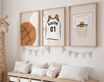 Personalized Name Basketball Modern Gallery Wall Set of 3 Downloadable Prints, Sport Boy Nursery Decor, Quote Play Wall Art, Printable TAN