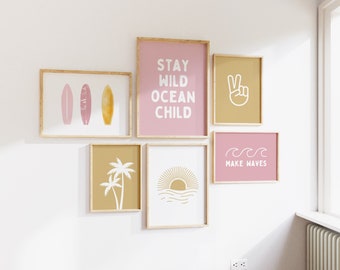 Surf Prints Girls room, Neutral Pink Blush Boho Decor, Surfer Girl, Beachy Toddler & Kids Art. Little Surfer Girl, Gallery Wall art Playroom