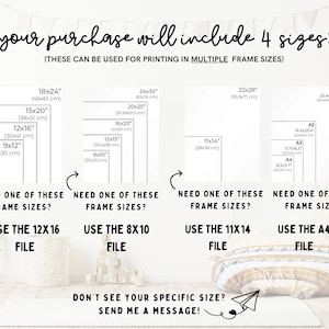 May include: A graphic showing different sizes of printable art prints, including 18x24 inches, 15x20 inches, 12x16 inches, 9x12 inches, 24x30 inches, 20x25 inches, 16x20 inches, 12x15 inches, 8x10 inches, 22x28 inches, 11x14 inches, A1, A2, A3, and A4. The text says "Your purchase will include 4 sizes: (These can be used for printing in multiple frame sizes)".