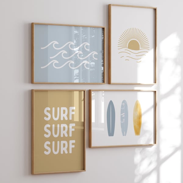 Surf Retro Gallery Wall Set of 4 Beach Nursery Downloadable Prints, Boys Room Decor, Kids Room, Playroom Wall Art, Printable art Beach