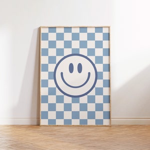 Blaues kariertes Retro-Smile-Gesicht, Jungen-Wandkunst zum Ausdrucken, Smile-Gesicht-Wandkunst für Kinder, Retro-Smile-Gesicht-Wandkunst, druckbare Wandkunst