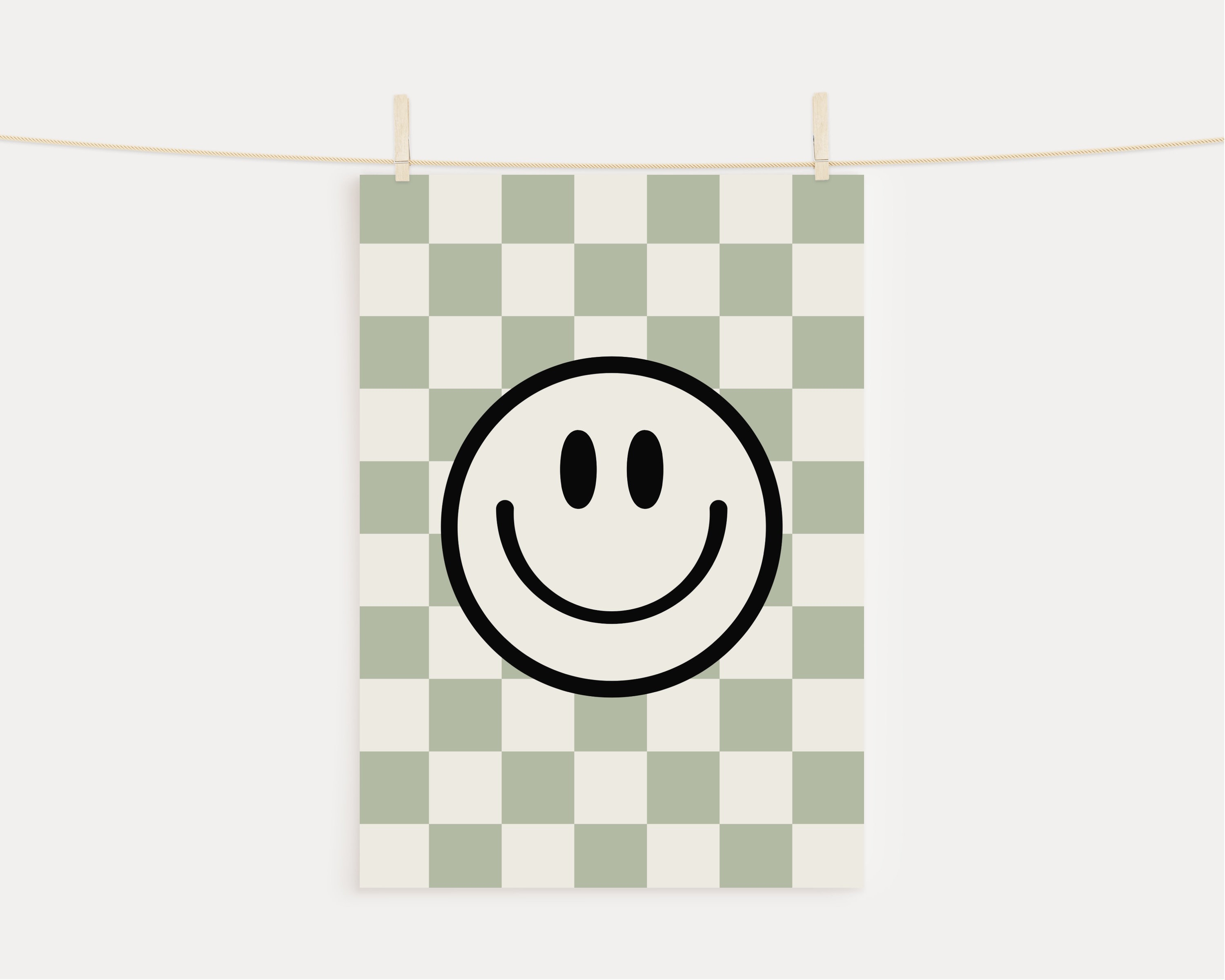 Checkerboard Smile Face Print: Retro Moss & Tan (digital