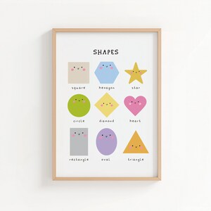 May include: A framed print featuring various colorful shapes with smiling faces, including a square, hexagon, star, circle, diamond, heart, rectangle, oval, and triangle. The word "SHAPES" is at the top of the print.
