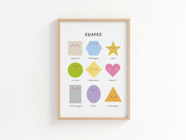 May include: A framed print featuring various colorful shapes with smiling faces, including a square, hexagon, star, circle, diamond, heart, rectangle, oval, and triangle. The word "SHAPES" is at the top of the print.