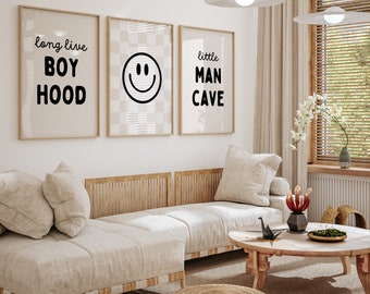 Boy wall art, Long Live Boyhood, Little Man Cave, Checkered Wall Set of 3, Toddler Poster, Boy Nursery Decor, Quote Play Wall Art, Printable