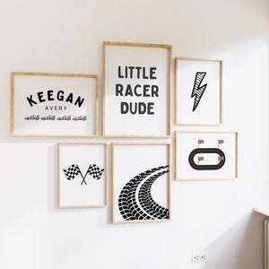 Personalized Name Race Car, Little Dude Boy Gallery Wall set, Boys Room Decor, Race Car Nursery Decor, Car Playroom Wall Art, Race Sports