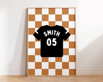 May include: A black and white checkered pattern with a black jersey in the center. The jersey has the name "SMITH" and the number "05" printed on the back.