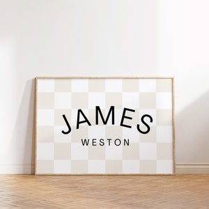 Personalized Name Sign Downloadable Print, Nursery Name Decor, Kids Room, Checkerboard Neutral Wall Decor, Kids Wall Art, Printable