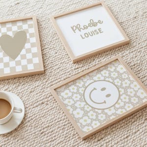 Personalized Name Print for Girls Room, Smile Face Print, Girls Wall Art Set of 3, Teen Wall Art, Checkered Poster, Trendy Girls Wall Art
