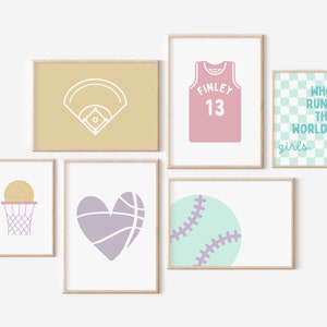 Personalized Girl Sport Set, Wall Art Set of 6 Downloadable Prints, Girl Sports Decor, Playroom Decor, Girls Room Print Basketball, Baseball