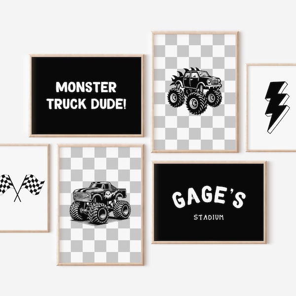 Monster Truck & Dirt Bike Name Print Set: Boys Room Decor Kids Truck Prints Construction Vehicle Nursery Playroom Printable Digital Download