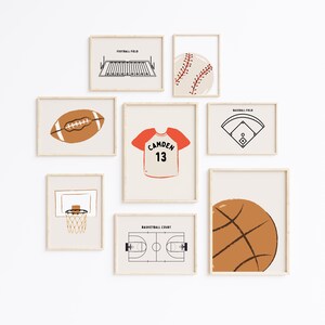 Personalized Sport Set Gallery Wall Art Set of 8 Downloadable Prints, Sport Boy Decor, Play Room Decor, Basketball, Football, Baseball TAN