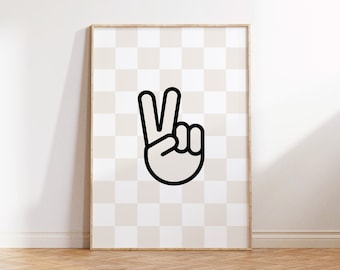 Checkerboard Peace Sign Print: Tan Kids Wall Art (Digital Download)