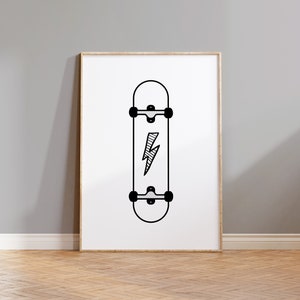 Skateboard Lightning Checkerboard Print, Boy Nursery Decor, Kids Room, Cream Neutral Play Room Wall Decor Quote Kids Wall Art, Black & White