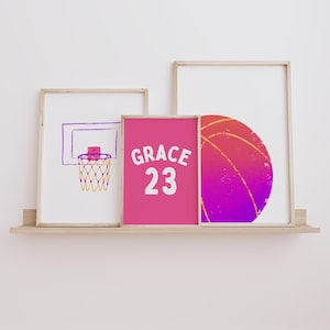 Set di decorazioni murali personalizzate a tema basket: decorazioni sportive rosa (download digitale)