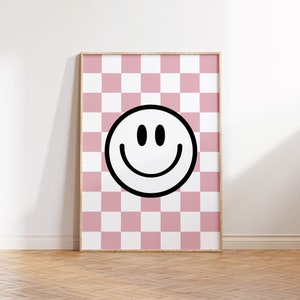 Checkerboard Smile Face Print, Pink Smile, Retro Smile face checkerboard, Girl Nursery Decor, Kids Room, Play Room Wall Decor, Kids Art