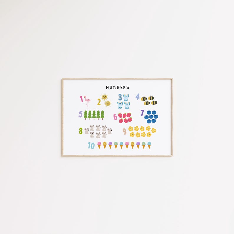 May include: A framed educational print featuring the word "NUMBERS" at the top. The numbers 1 through 10 are displayed with colorful illustrations, including a flamingo, sun, bees, trees, strawberries, and ice cream cones. The print has a white background.