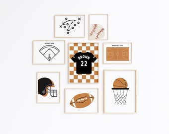 Personalized Sport Set Gallery Wall Art Set of 8 Downloadable Prints, Sport Boy Decor, Play Room Decor, Basketball, Football, Baseball white