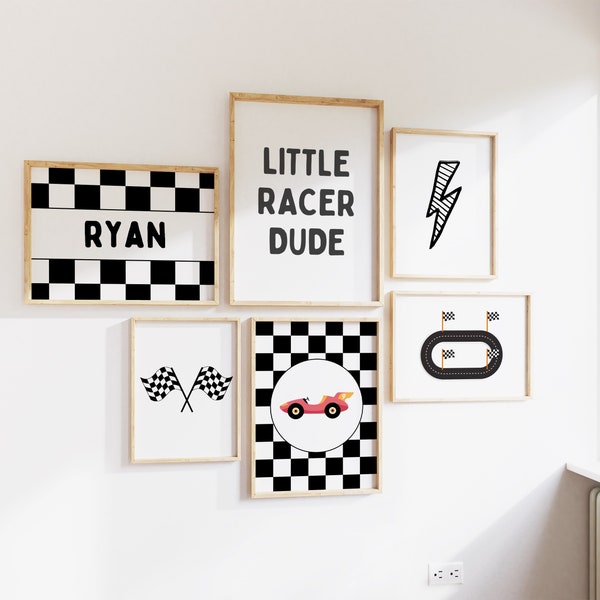 Personalized Name Race Car, Little Dude Boy Gallery Wall set, Boys Room Decor, Race Car Nursery Decor, Car Playroom Wall Art, Race Sports