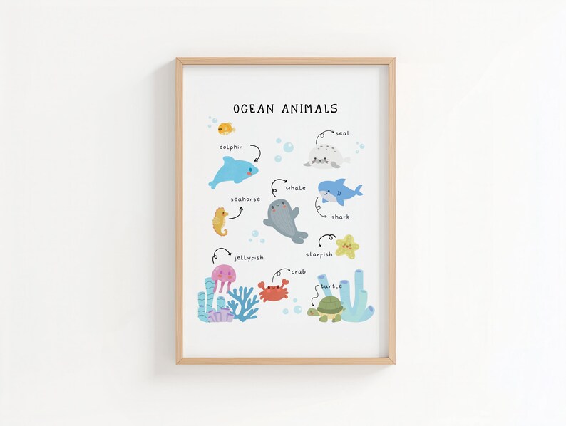 May include: A framed print titled "Ocean Animals" features colorful illustrations of marine life, including a dolphin, seahorse, whale, shark, and starfish. The artwork includes the names of each animal and is set against a white background.