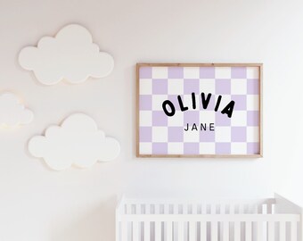 Purple Personalized Name Sign Downloadable Print, Nursery Name Decor, Kids Room, Checkerboard Neutral Wall Decor, Kids Wall Art, Printable