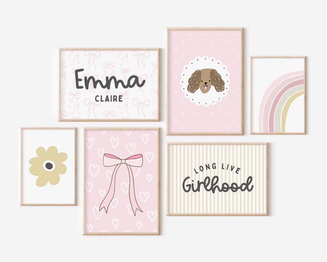 Girls Gallery Wall Set of 6 Prints Vintage Bow Nursery Decor Pastel ...