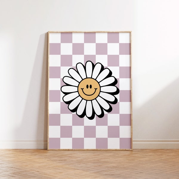 Retro Daisy Smile Face Print, Checkerboard Daisy Wall art, Girl Boho Nursery Decor, Kids Room, Playroom Wall Decor, Downloadable print